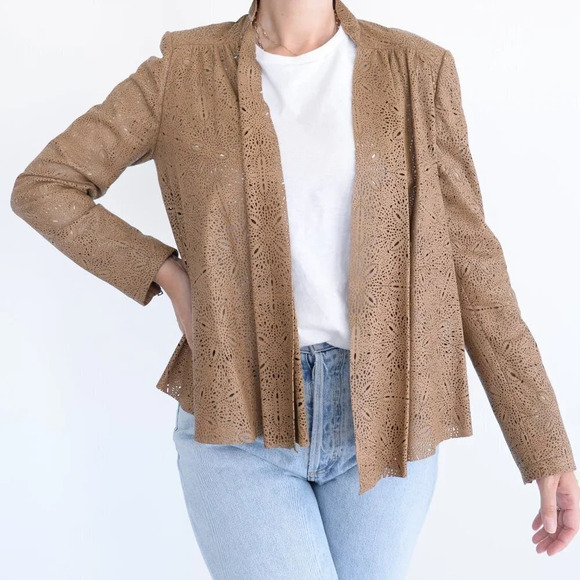 Alice +  Olivia Vanna Laser-Cut 100% Lamb Leather Tan Jacket Medium - Picture 1 of 14